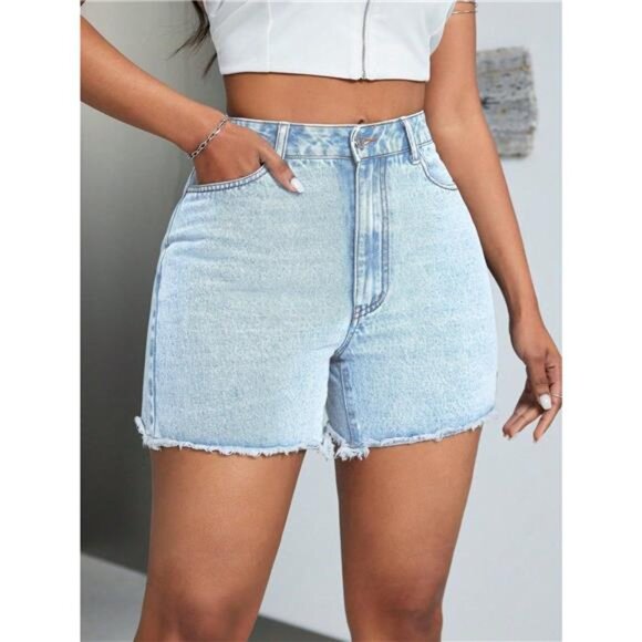High-Waisted Raw Hem Denim Shorts - Picture 1 of 6